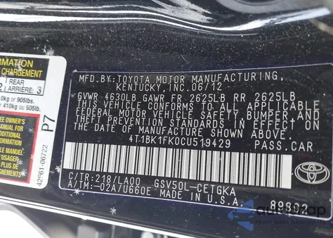 2012 Toyota Camry Xle V6 z USA, uszkodzony, nr VIN 4T1BK1FK0CU519429